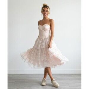 Vintage FLIRTATIONS 80s Prom Dress M Pink Satin Lace Strapless Union ILGWU USA